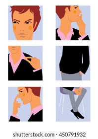 Men body talk illustration. Man touching nose, man pulling the collar, crossed lags and hands, hands in the pockets. Vector illustration