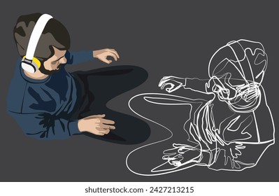 Men body from top view in strange position with headphones. Line art.