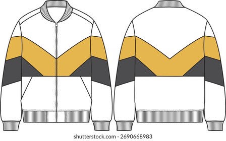 Men bomber jacket with center front zipper closure, rib neck collar band, ribbed cuff and ribbed body hem, front slant pockets, pointy cuts, yellow and grey contrast inserts, sketches, outerwear