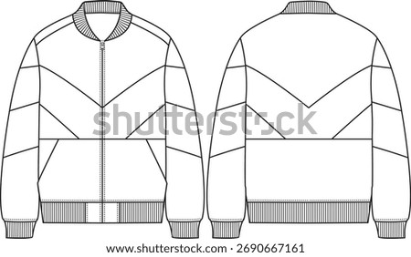 Men bomber jacket with center front zipper closure, rib neck collar band, ribbed cuff and ribbed body hem, front slant pockets, pointy cuts, sketch front and back, illustration, vectors, outerwear