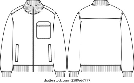 Men bomber jacket with chest patch piped pocket with zipper pocket, center front zipper closure, ribbed hem, ribbed neck band and ribbed cuff, welt pockets, sketch front and back, vector