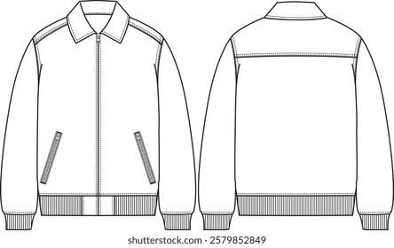 Men bomber jacket with collar and zipper closure, ribbed hem and ribbed cuff, zipper pockets, sketch front and back