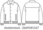 Men bomber jacket with shirt collar and front snap button closure, back yokes, ribbed body hem and ribbed cuff, double welt pockets, sketch front and back, vectors, illustration, basics, outerwear