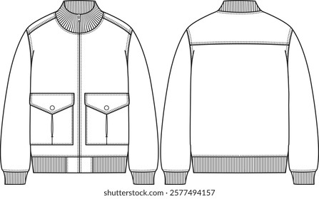 Men bomber jacket with zipper closure, ribbed hem, ribbed neck band and ribbed cuff, patch pockets with snap closure, sketch front and back