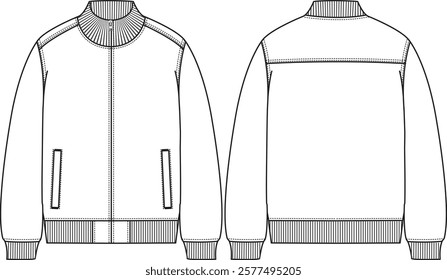 Men bomber jacket with zipper closure, ribbed hem, ribbed neck band and ribbed cuff, welt pockets with snap closure, sketch front and back