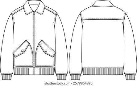 Men bomber jacket with zipper closure and collar, patch flap hand pockets with snap closure, ribbed hem and ribbed cuff, sketch front and back, illustration, vectors