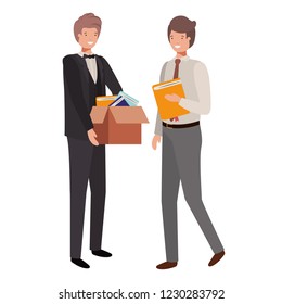 men with book of diary and cardboard box