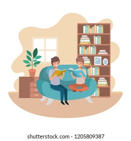 men with book in livingroom avatar character