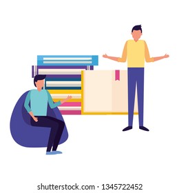men with books stacked
