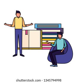 men with books stacked
