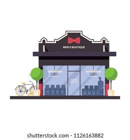 Men boutique store front. Flat concept with goods silhouettes, greenery and bike.