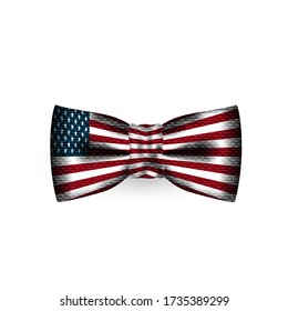 Men bow tie USA flag texture on white background. Necktie selfie filter effect for social photo. Cloth butterfly textile texture. Gentleman suit element. Silk, satin bowtie. Vector illustration.