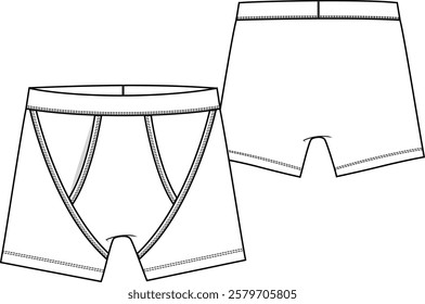 Men boxer brief underwear with wide pouch opening with bindings, elastic waistband, sketch front and back vectors