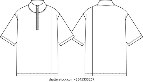 Men boxy t-shirt with neck collar, quarter zipper at front neckline, short sleeves, vertical cut at wearer left side, sketch front and back, vectors