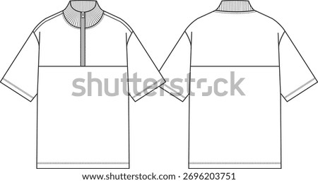 Men boxy t-shirt with rib neck collar, quarter zipper, front and back yokes, short sleeves, regular straight hem, sketch front and back, vectors, illustration