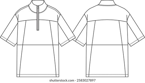 Men boxy Wind shirt quarter zipper with collar neckline, front yokes and diverse cuts at front and back, short sleeves, sketch front and back, vectors