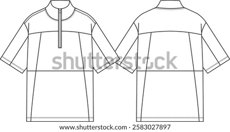 Men boxy Wind shirt quarter zipper with collar neckline, front yokes and diverse cuts at front and back, short sleeves, sketch front and back, vectors