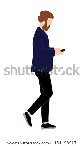 Men or boy is holding smartphone dressed suit in casual style walking and performing outdoor activities on city street. Cartoon colorful flat vector illustration isolated on white background