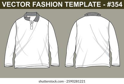 MEN BOY POLO SWEATSHIRT LONG SLEEVE FLAT SKETCH FASHION TEMPLATE TECHNICAL DRAWING ILLUSTRATION