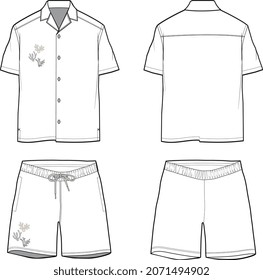 MEN AND BOYS BEACH WEAR SHIRT AND SHORT SET FLAT SKETCH VECTOR