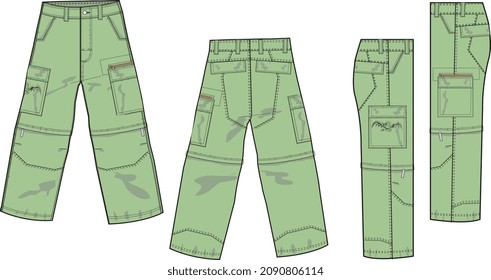 MEN AND BOYS BOTTOM WEAR CARGO PANT VECTOR SKETCH FRONT BACK AND BOTH SIDES VIEW