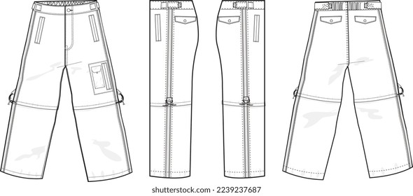 MEN AND BOYS BOTTOM WEAR CARGO PANT FRONT BACK AND BOTH SIDES VIEW FLAT DESIGN VECTOR