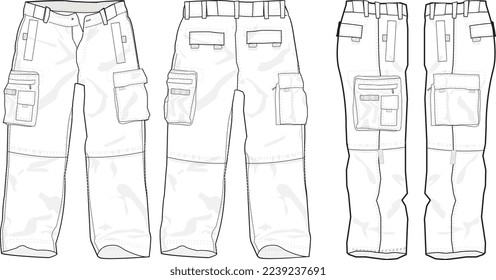 MEN AND BOYS BOTTOM WEAR CARGO PANT FRONT BACK AND BOTH SIDES VIEW FLAT DESIGN VECTOR