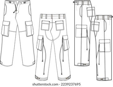 MEN AND BOYS BOTTOM WEAR CARGO PANT FRONT BACK AND BOTH SIDES VIEW FLAT DESIGN VECTOR