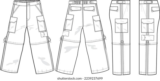 MEN AND BOYS BOTTOM WEAR CARGO PANT FRONT BACK AND BOTH SIDES VIEW FLAT DESIGN VECTOR