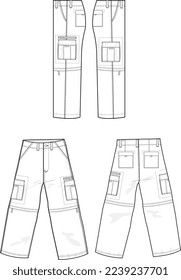 MEN AND BOYS BOTTOM WEAR CARGO PANT FRONT BACK AND BOTH SIDES VIEW FLAT DESIGN VECTOR