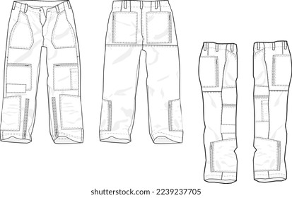 MEN AND BOYS BOTTOM WEAR CARGO PANT FRONT BACK AND BOTH SIDES VIEW FLAT DESIGN VECTOR