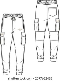 MEN AND BOYS BOTTOM WEAR JOGGERS WITH SIDE DETAIL FLAT FASHION SKETCH VECTOR