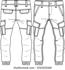 Men Boys Cargo Pocket Pant fashion flat sketch template. Technical Fashion Illustration. Woven CAD. Cut and sew detail with Back Pocket Flap