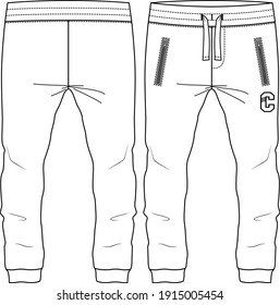 Men Boys Jogger Pant fashion flat sketch template. Technical Fashion Illustration. Knit Fleece CAD