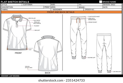 MEN BOYS POLO NECK T SHIRT WITH JOGGER SET DRESS FLAT SKETCH FASHION TEMPLATE TECHNICAL DRAWING ILLUSTRATION