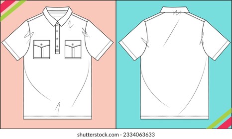 MEN BOYS POLO T SHIRT, DOUBLE POCKET SKETCH FASHION TEMPLATE TECHNICAL DRAWING ILLUSTRATION