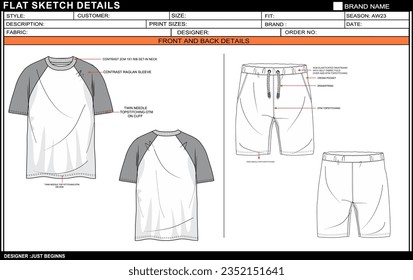 MEN BOYS RAGLAN SLEEVE WITH SHORT DRESS FLAT SKETCH FASHION TEMPLATE TECHNICAL DRAWING ILLUSTRATION