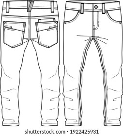 Men Boys Straight Legs Pant fashion flat sketch template. Technical Fashion Illustration. Woven CAD. Regular fit. Scoop Pockets