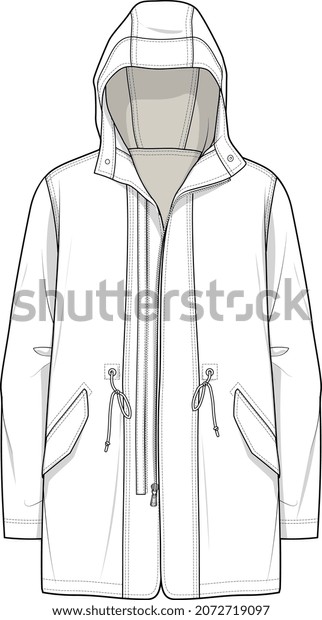 MEN AND BOYS SWEAT TOPS JACKET\
HOODIE WITH CAP AND LONG COAT JUNGLE JACKET FLAT SKETCH\
VECTOR