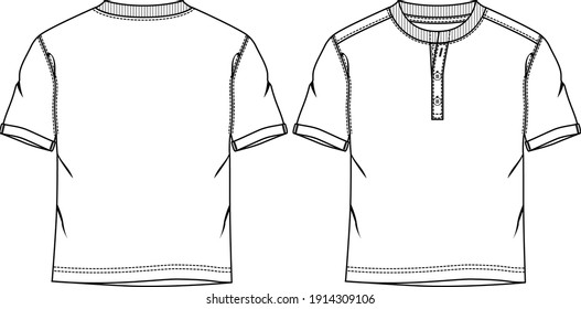 Men. Boys t shirt fashion flat sketch template. Technical Fashion Illustration. Buttoned Front. Henley Top.