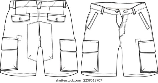 MEN AND BOYS WEAR BOTTOMS SHORTS FRONT AND BACK FLAT DESIGN VECTOR