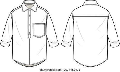 MEN AND BOYS WEAR FOLDED SLEEVE HALF PLACKET SHIRT WITH POCKET VECTOR SKETCH 