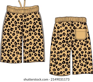 Men and Boys Wear Long Shorts With Leopard Tiger Skin Print Front and Back Vector Illustration