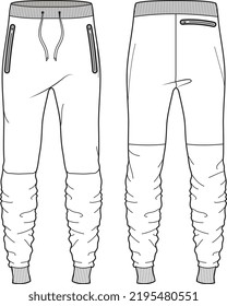 MEN AND BOYS WEAR TRACK JOGGERS AND TROUSERS TECHNICAL FLAT DESIGN VECTOR