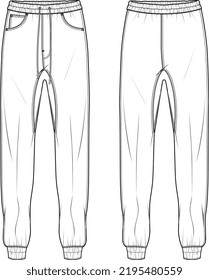MEN AND BOYS WEAR TRACK JOGGERS AND TROUSERS TECHNICAL FLAT DESIGN VECTOR