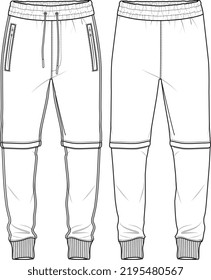 MEN AND BOYS WEAR TRACK JOGGERS AND TROUSERS TECHNICAL FLAT DESIGN VECTOR