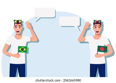 Men with Brazilian and Bangladeshi flags. The concept of international communication, education, sports, travel, business. Dialogue between Brazil and Bangladesh. Vector illustration.