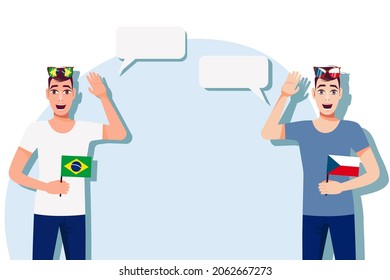 Men with Brazilian and Czech flags. The concept of international communication, education, sports, travel, business. Dialogue between Brazil and Czech. Vector illustration.