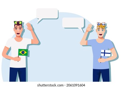 Men with Brazilian and Finnish flags. Background for the text. Communication between native speakers of the language. Vector illustration.