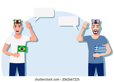 Men with Brazilian and Greek flags. Background for the text. The concept of sports, political, education, travel and business relations between Brazil and Greece. Vector illustration.